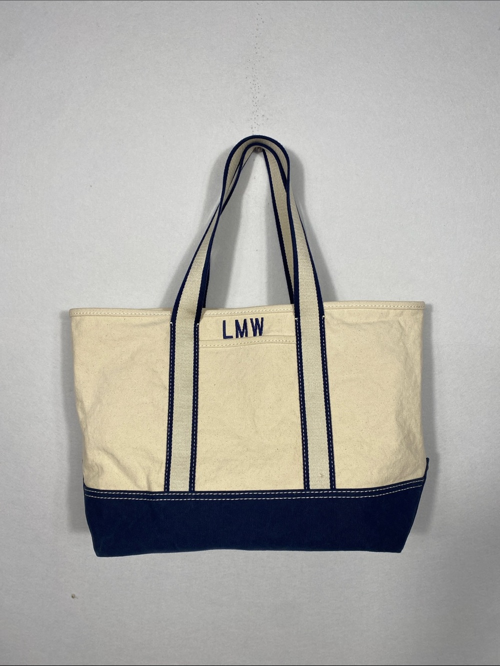 J. Crew Montauk Tote Cream Canvas Tote with Navy Bottom size Medium